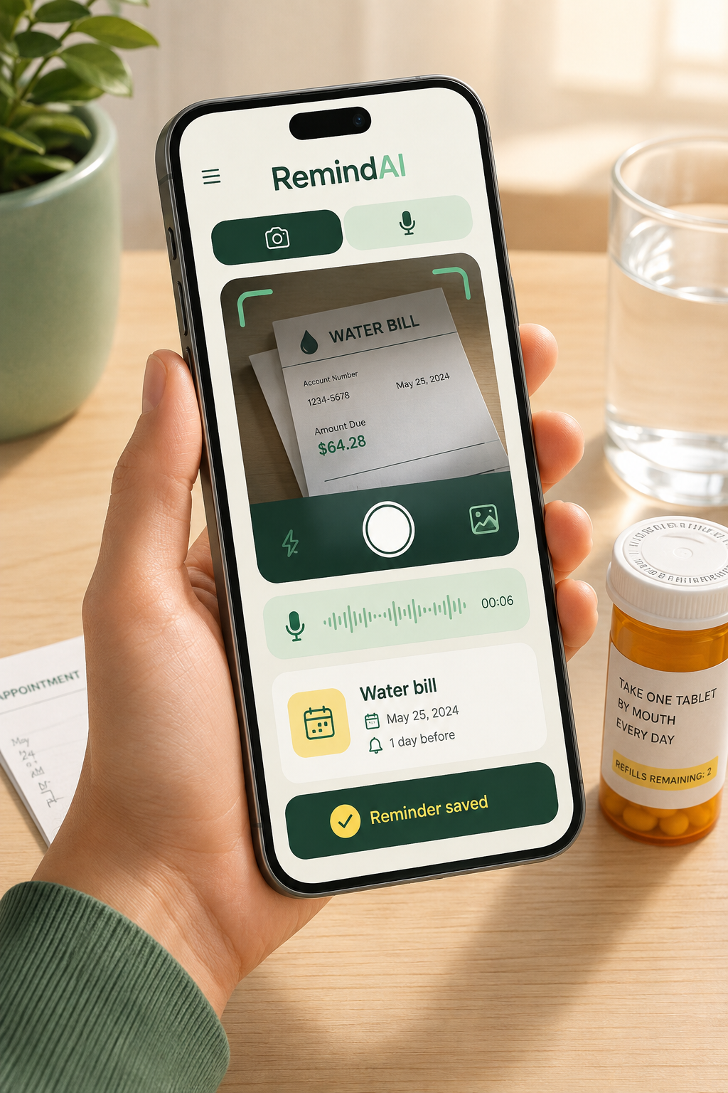 Phone using Remind AI to scan a bill and record a voice reminder